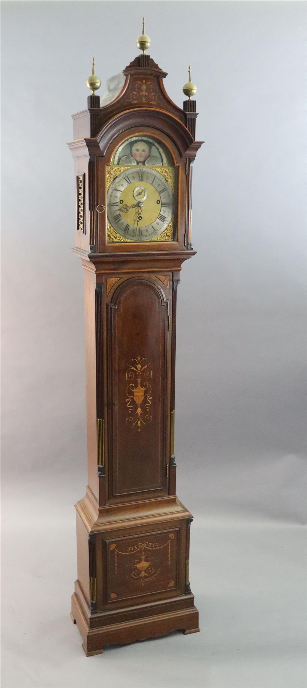 An Edwardian George III style marquetry inlaid chiming eight day longcase clock, H.7ft 2in.